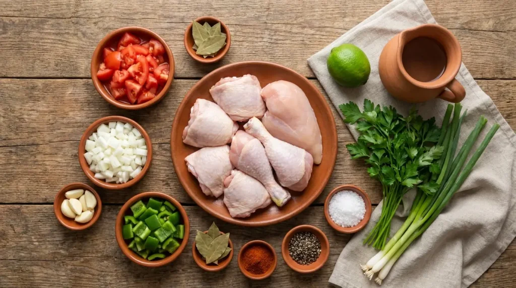 Ingredientes para preparar frango caipira ensopado sobre mesa rústica