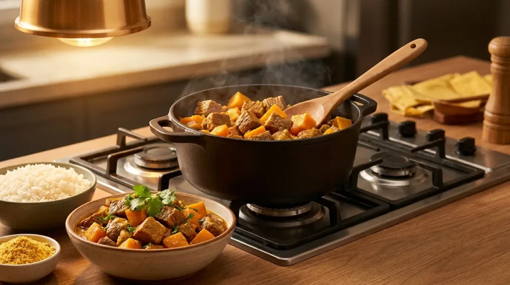 Carne acém cozida com jerimum e coentro na panela, servida com arroz e farofa