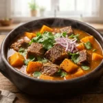 Carne acém cozida com jerimum e coentro servida em panela de barro com arroz e farofa