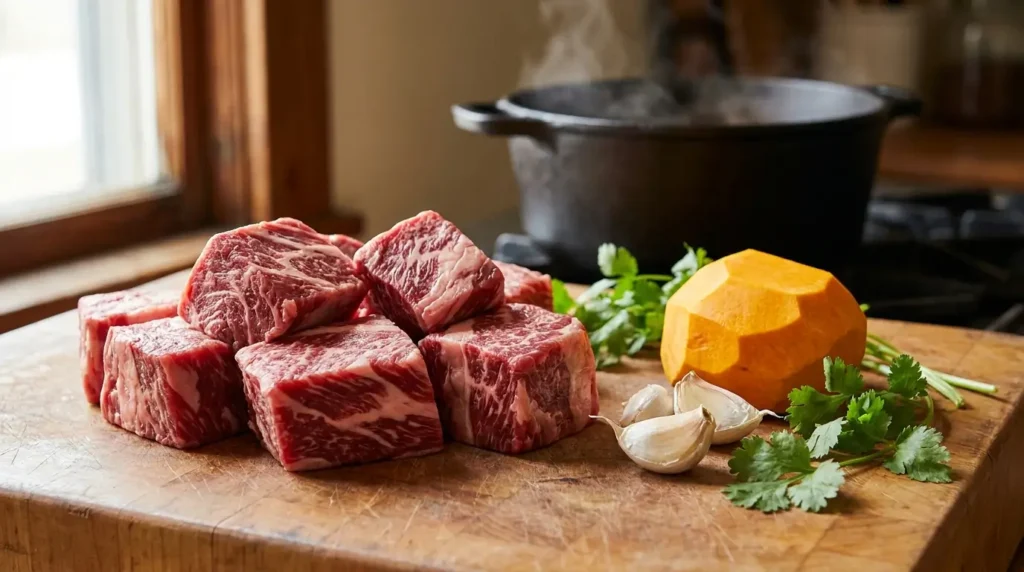 Cubos de carne acém com jerimum, alho e coentro preparados para o cozimento