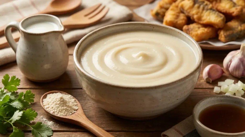 pirão de leite cremoso Pirão de leite cremoso em tigela de cerâmica, servido com farinha de mandioca, leite, coentro, alho, cebola e peixe frito ao fundo.