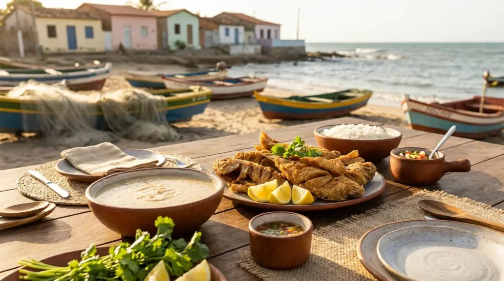 receita de peixe frito nordestino Peixe frito com pirão de leite, arroz branco e vinagrete servido em mesa rústica à beira-mar, com barcos de pesca ao fundo.