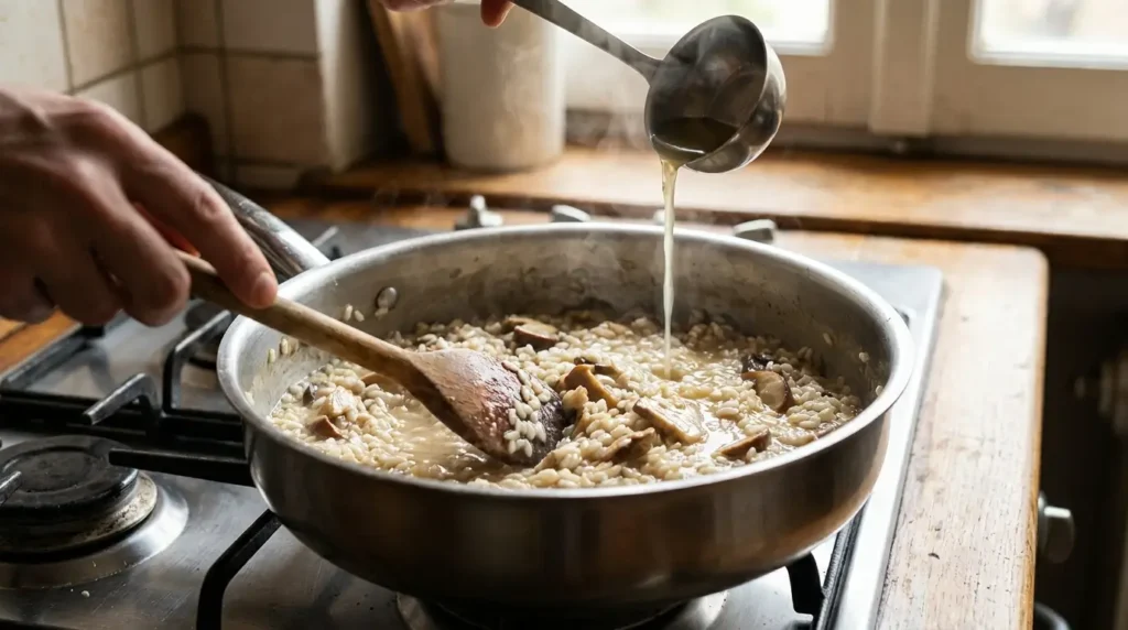 Caldo quente sendo adicionado ao risoto de cogumelos durante o cozimento