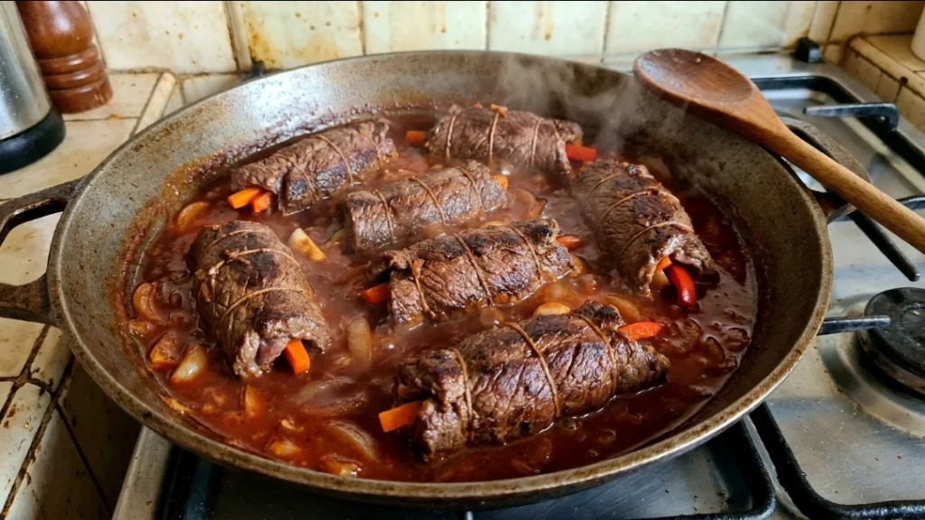Bife à rolê com cenoura e pimentão cozinhando no molho caseiro