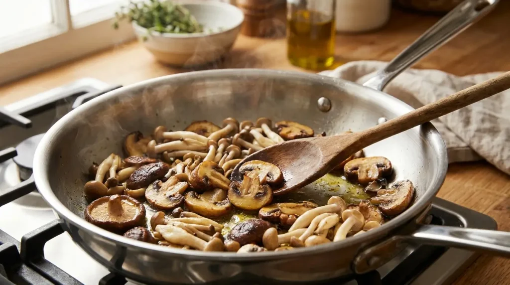 Cogumelos dourando na frigideira para risoto de cogumelos