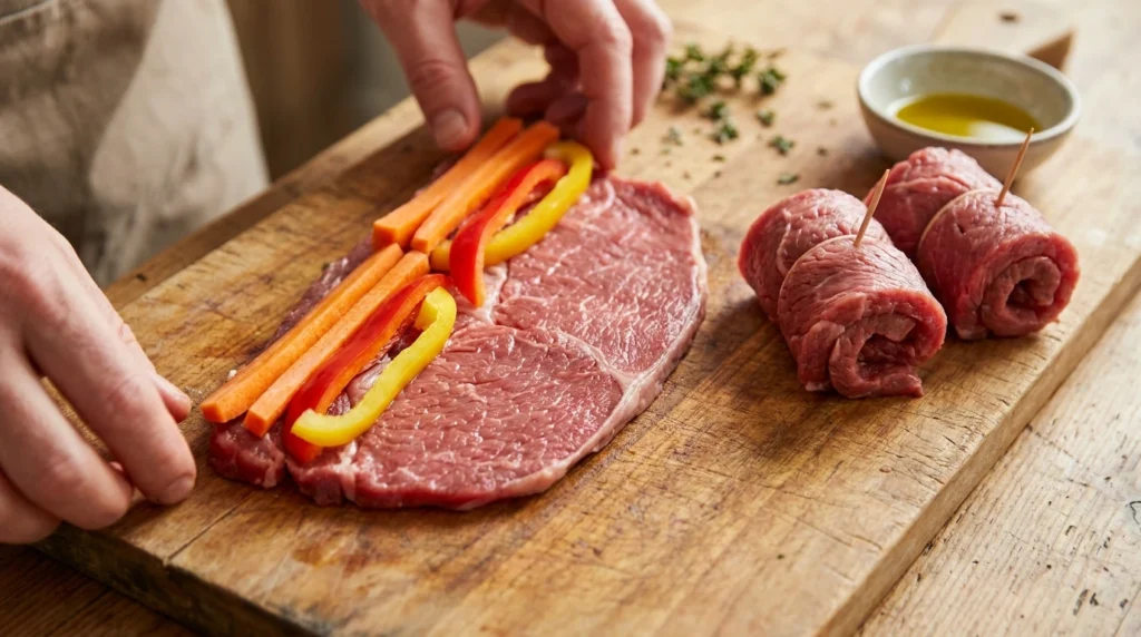 Montagem do bife à rolê com cenoura e pimentão