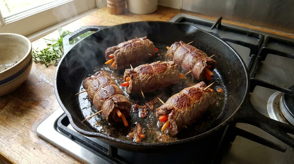 Bife à rolê com cenoura e pimentão sendo dourado na panela