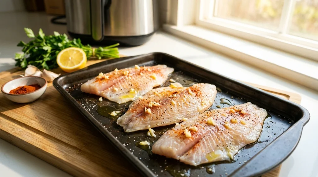 Filés de tilápia temperados com alho, páprica, limão e azeite antes de ir para a airfryer