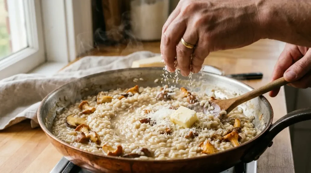 Parmesão e manteiga sendo adicionados ao risoto de cogumelos na etapa final