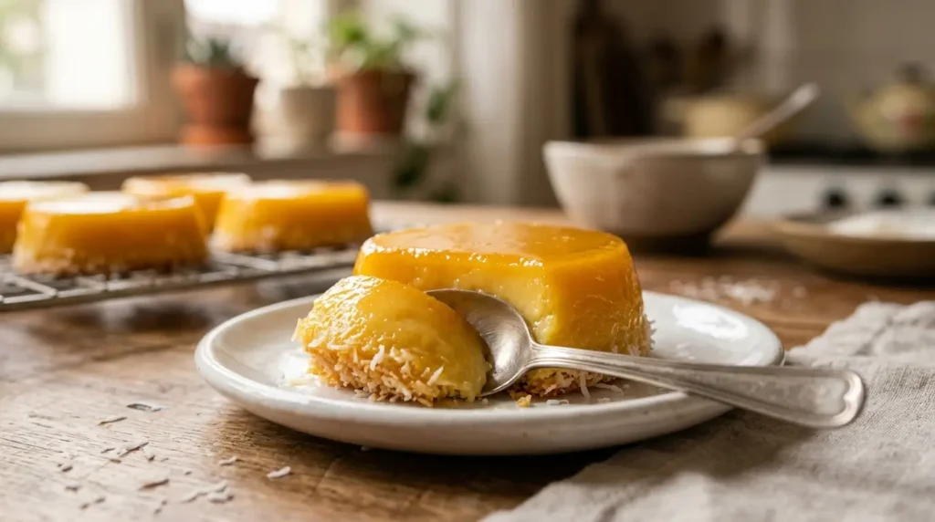 Quindim Tradicional Brasileiro cremoso servido com colher