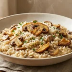 Risoto de cogumelos cremoso com cogumelos dourados e parmesão