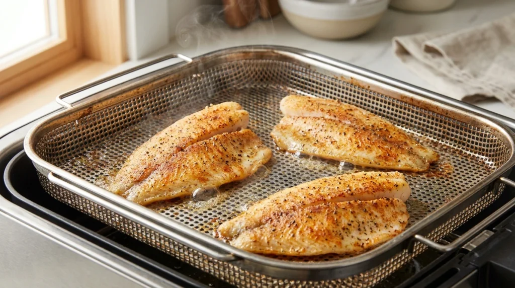 Filés de tilápia na airfryer dourando a 200°C até ficarem crocantes por fora