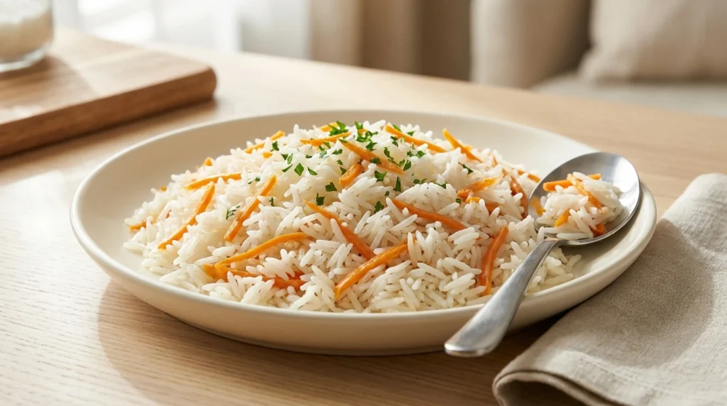Arroz com cenoura soltinho servido em prato branco, com cenoura ralada, salsinha e grãos bem separados