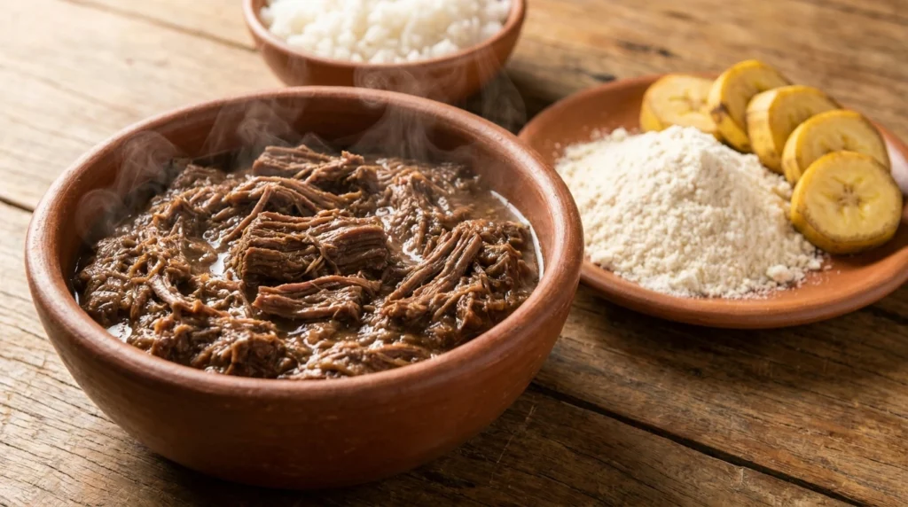 Barreado paranaense tradicional com carne desfiada, farinha de mandioca, banana e arroz branco