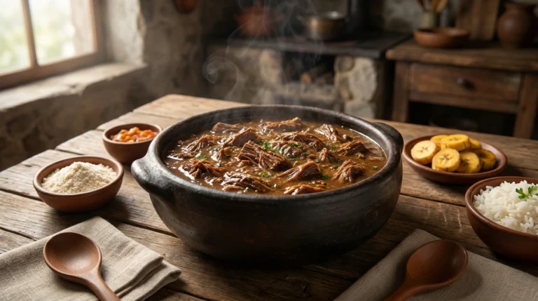Barreado paranaense tradicional servido em panela de barro com carne macia, farinha de mandioca, banana e arroz branco