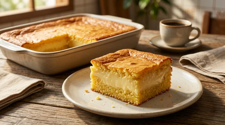 Bolo de fubá cremoso sem glúten com casquinha dourada e interior cremoso