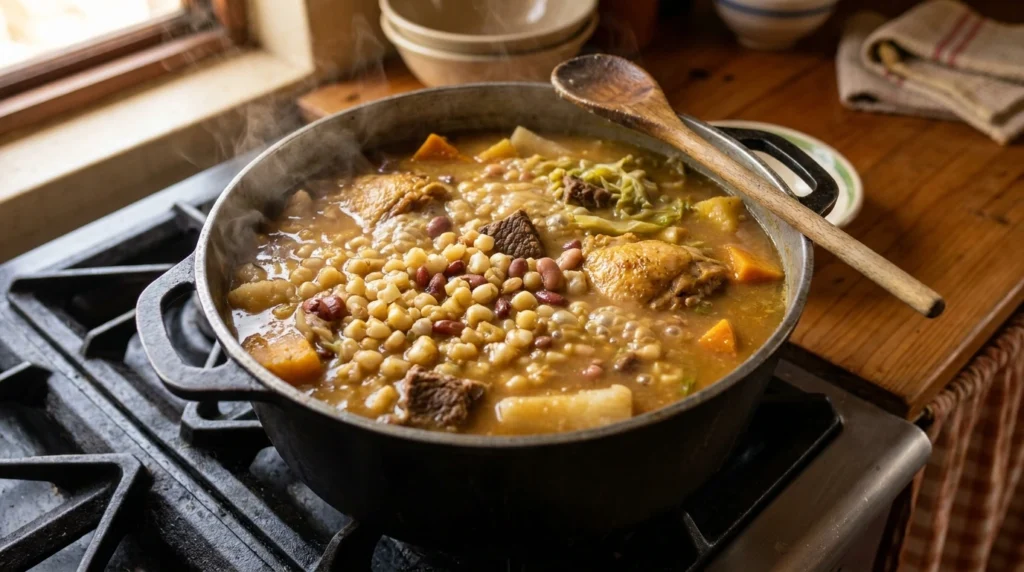 Cachupa rica tradicional cozinhando com milho, feijão, carne bovina, frango e legumes