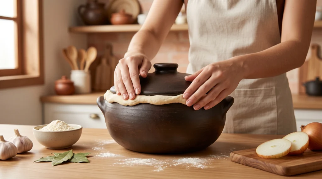 Panela de barro sendo vedada com massa de farinha de mandioca para preparar barreado paranaense