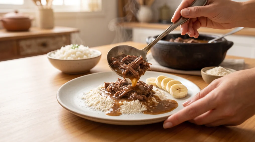 Barreado paranaense servido sobre farinha de mandioca com banana e arroz branco