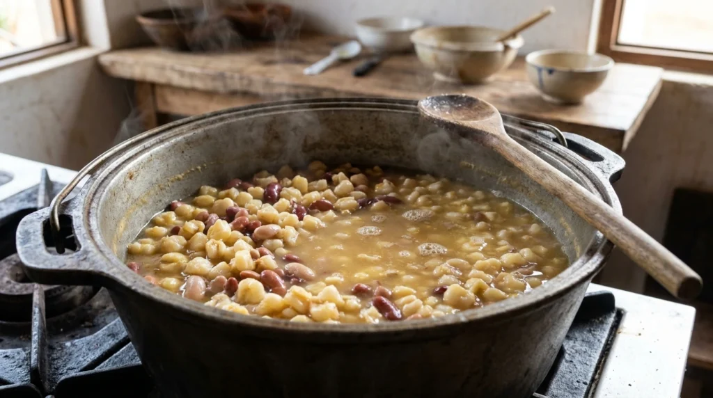 Milho e feijão cozinhando lentamente para preparar cachupa rica tradicional