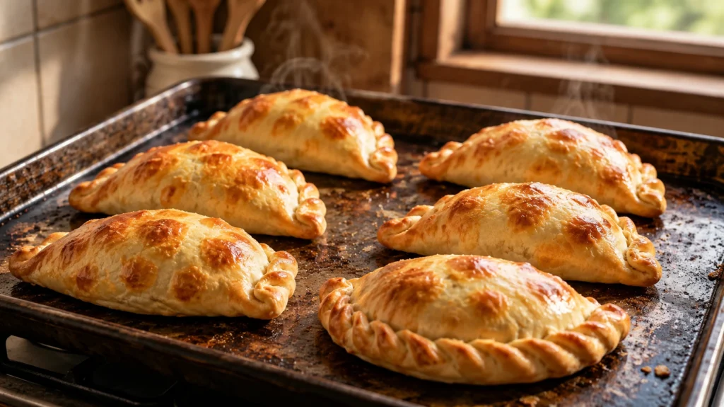 Empanadas argentinas de carne assadas e douradas em uma assadeira