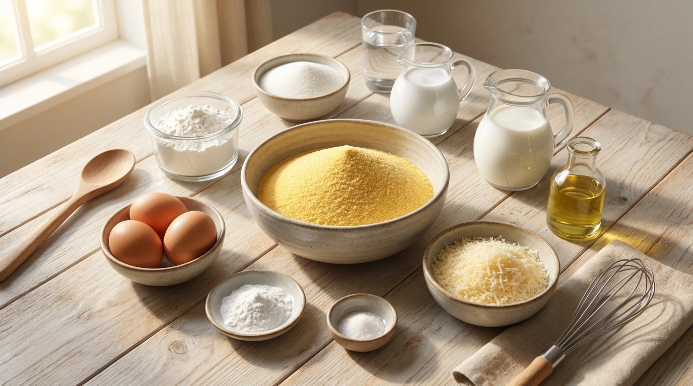Ingredientes do Bolo de Fubá Cremoso Sem Glúten Ingredientes para bolo de fubá cremoso sem glúten com fubá, ovos, leite e amido de milho