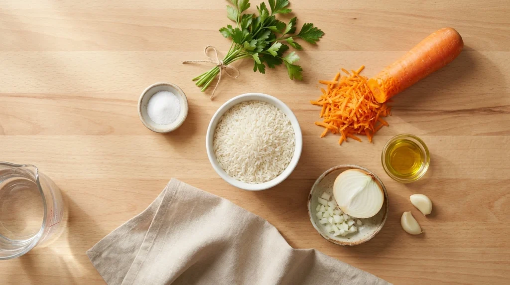 Ingredientes para arroz com cenoura: arroz branco, cenoura ralada, cebola, alho, azeite, sal e salsinha