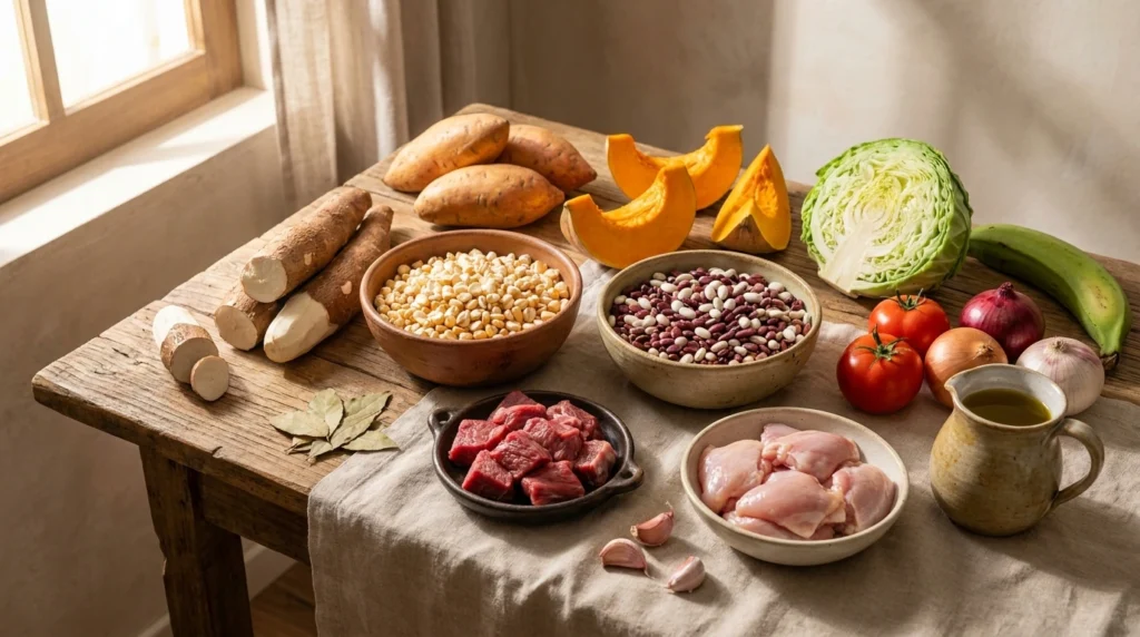 Ingredientes da cachupa rica tradicional com milho, feijão, carnes e legumes frescos