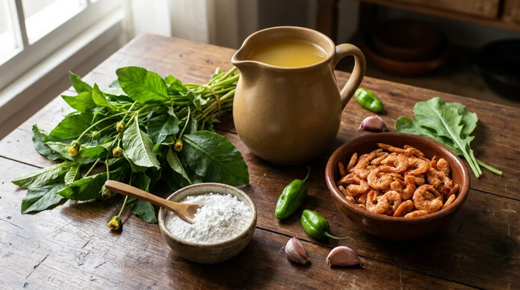 Ingredientes para fazer tacacá paraense com tucupi, goma de mandioca, jambu e camarão seco