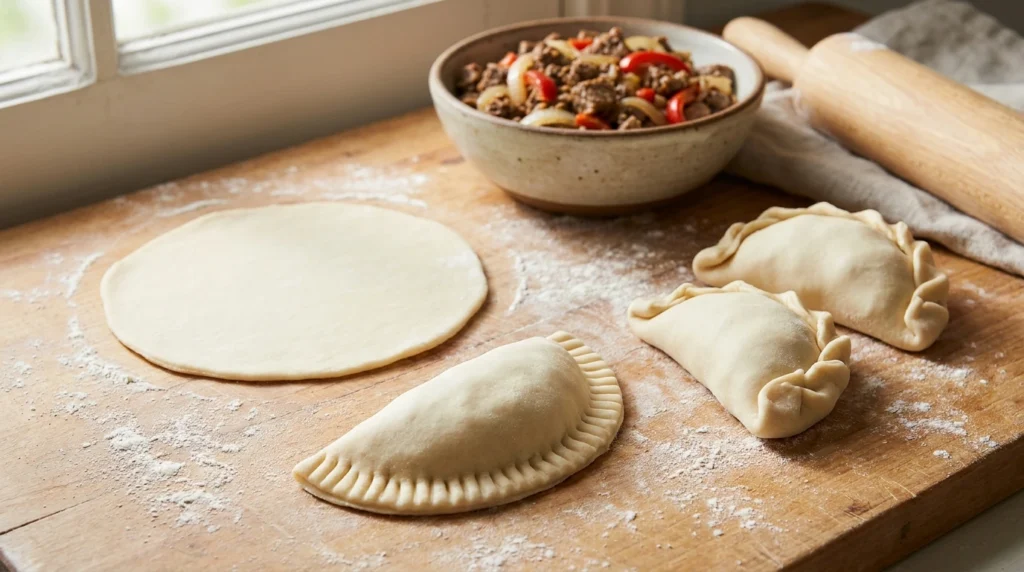 Empanadas argentinas de carne cruas sendo montadas com discos de massa e bordas fechadas em repulgue