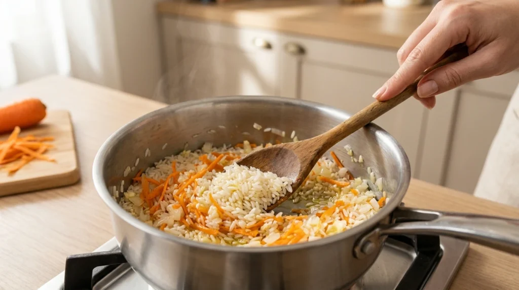 Arroz com cenoura sendo refogado com cebola e alho em uma panela