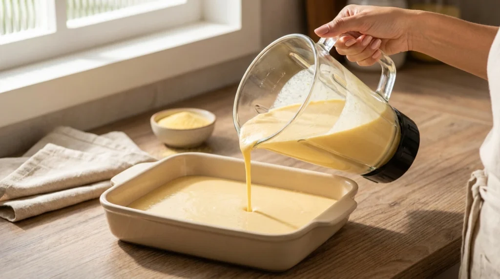 Massa líquida de bolo de fubá cremoso sem glúten sendo despejada do liquidificador na forma