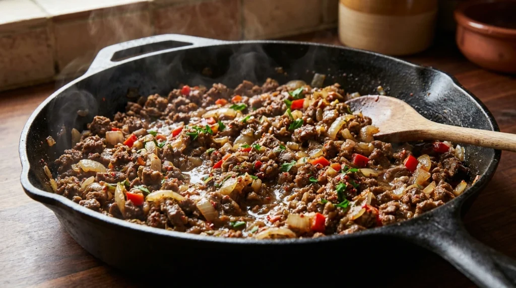 Recheio de carne bovina com cebola e pimentão para empanadas argentinas