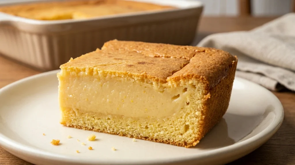 Fatia de bolo de fubá cremoso sem glúten mostrando o interior cremoso e a casquinha dourada